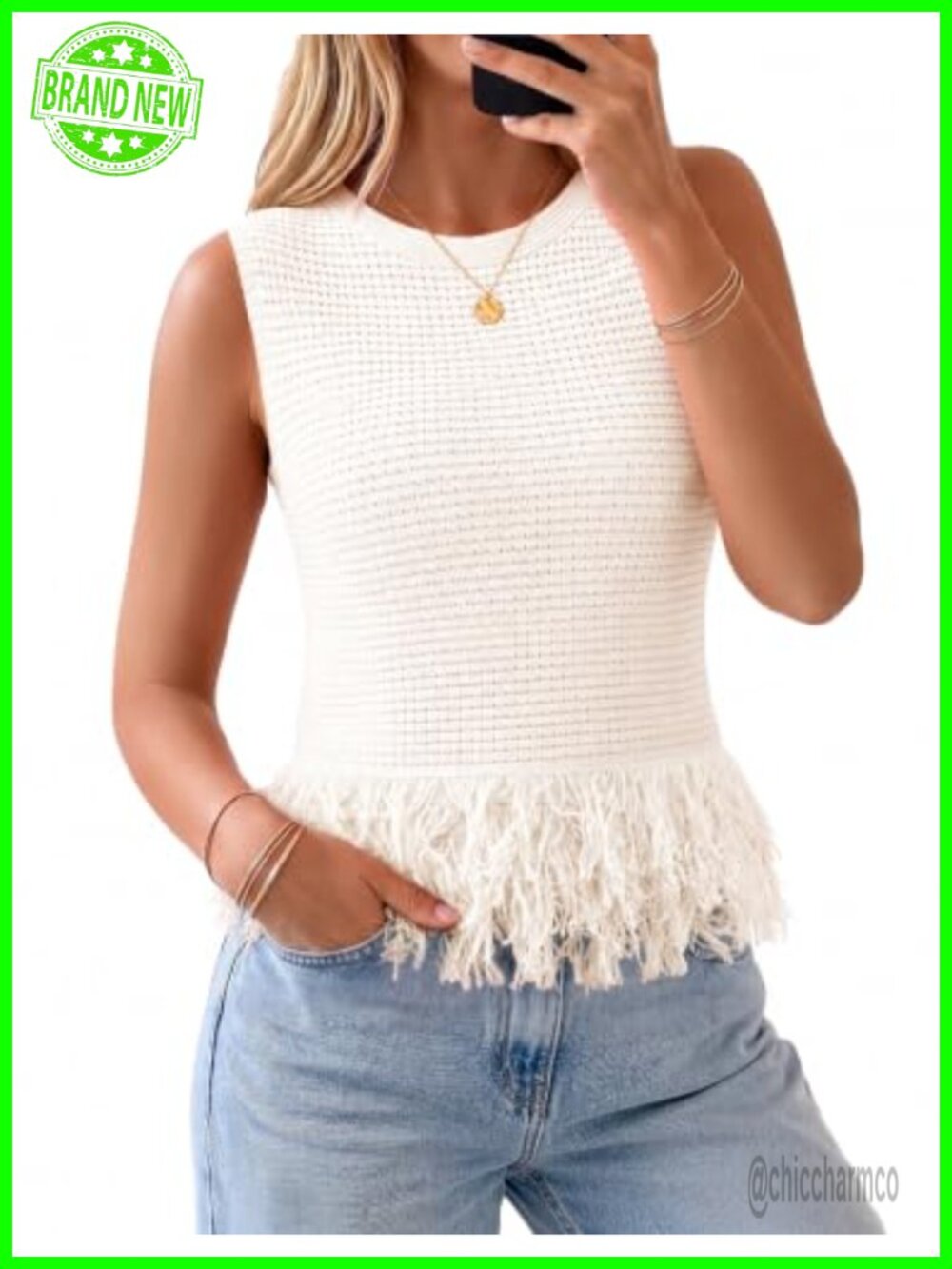Sleeveless Crochet Knit Sweater Vest Fringe Hem Boho Tank Top